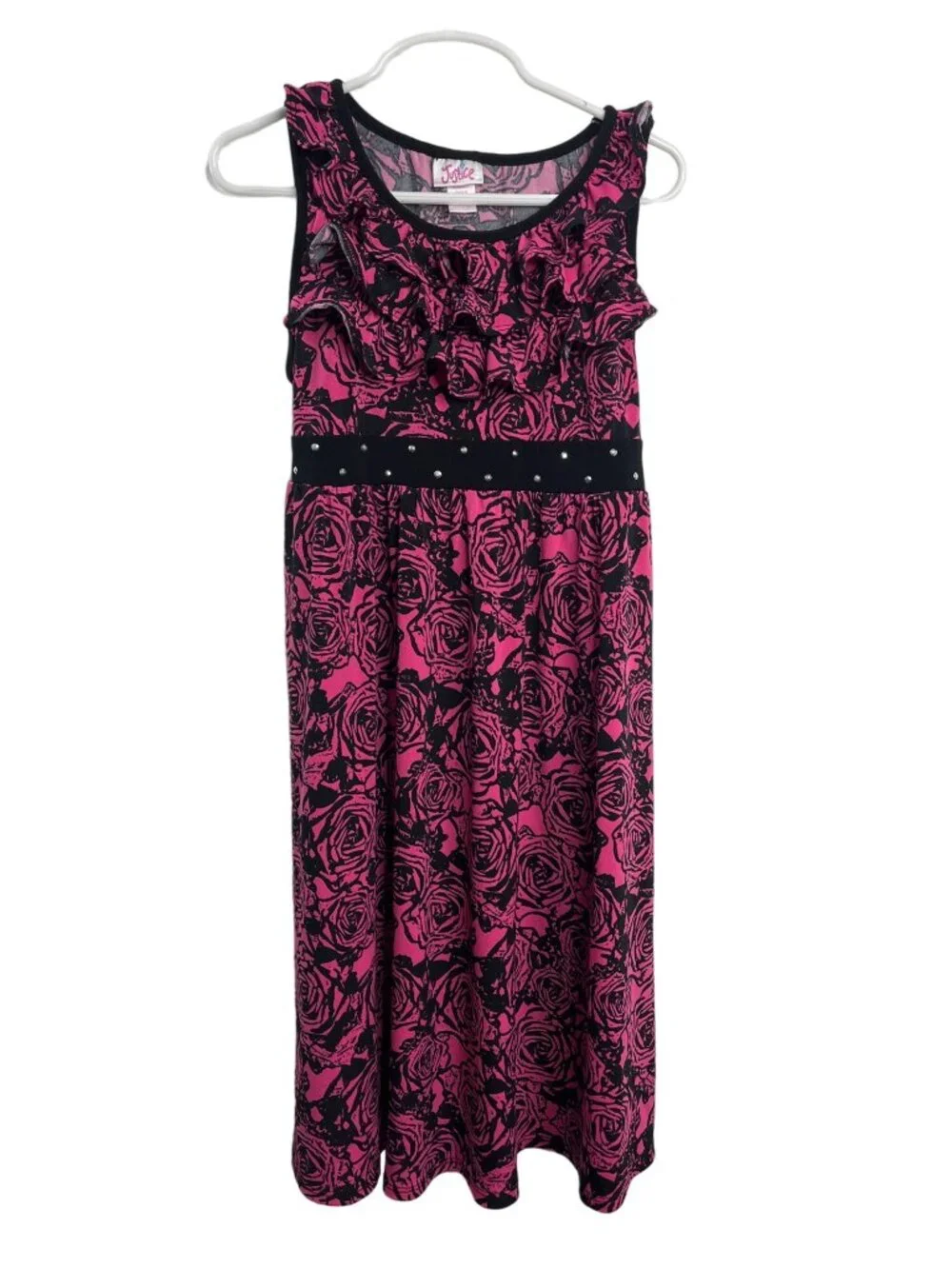 Justice Girls Size 12 Pink Black Floral Sleeveless Ruffle Dress